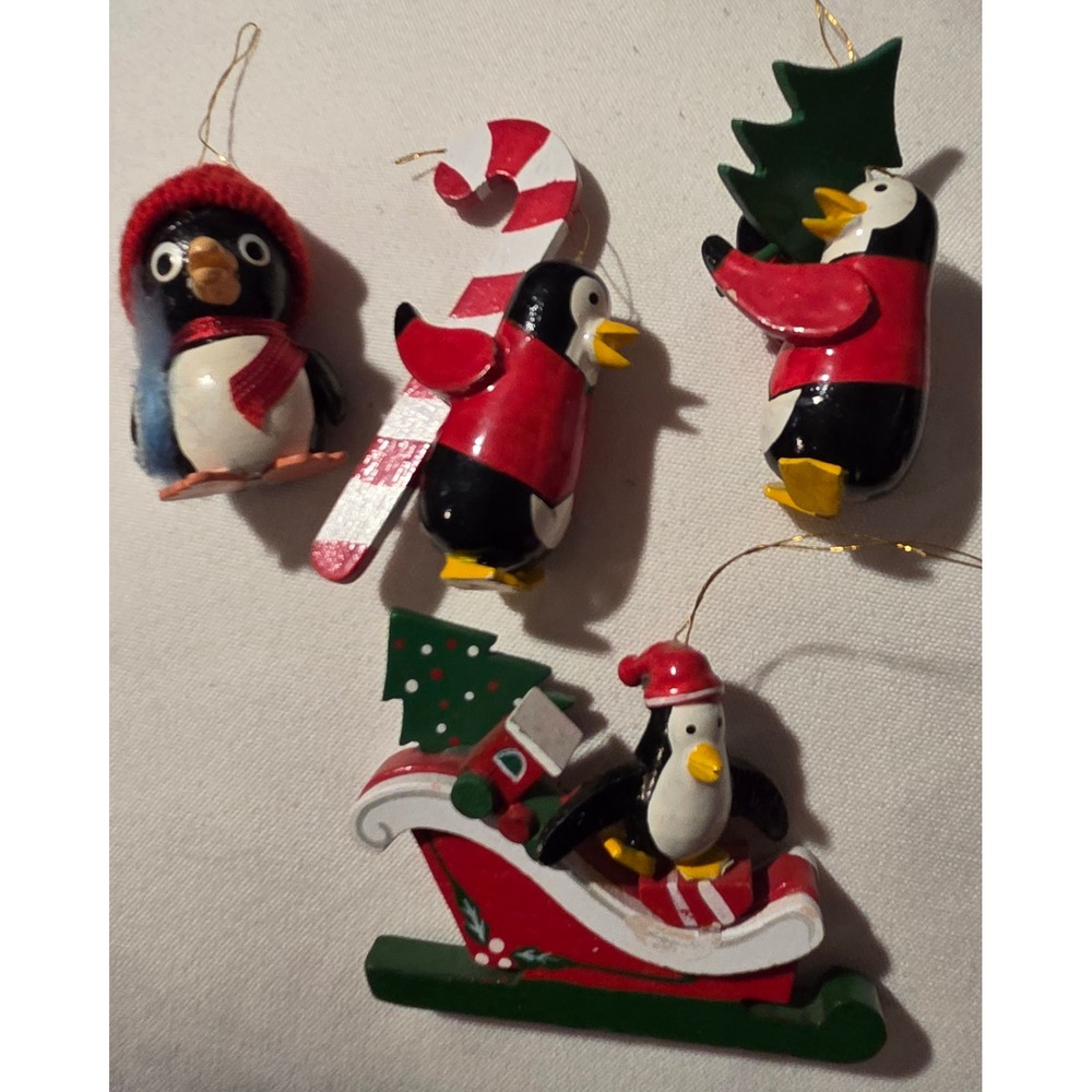 Vintage Wooden Penguin Christmas Ornaments Set of‎ 4 Sleigh Candy Cane Tree Hat